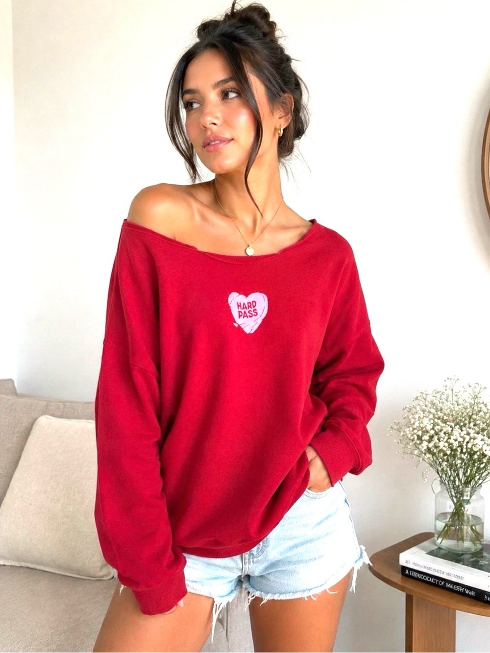wild fable Red Off-the-Shoulder Sweater with Pink Heart Patch